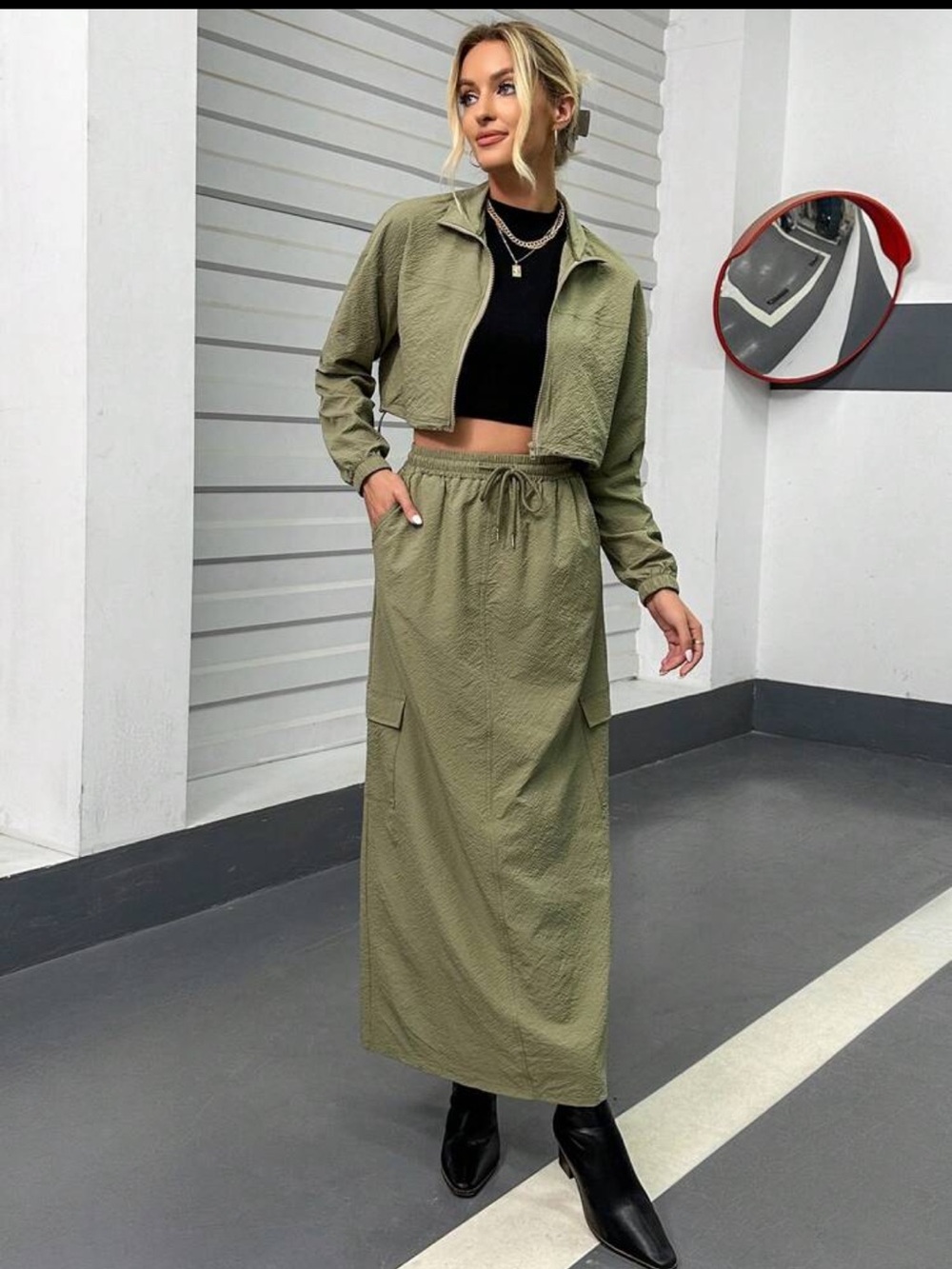 SHEIN zip up crop jacket & drawstring waist skirt